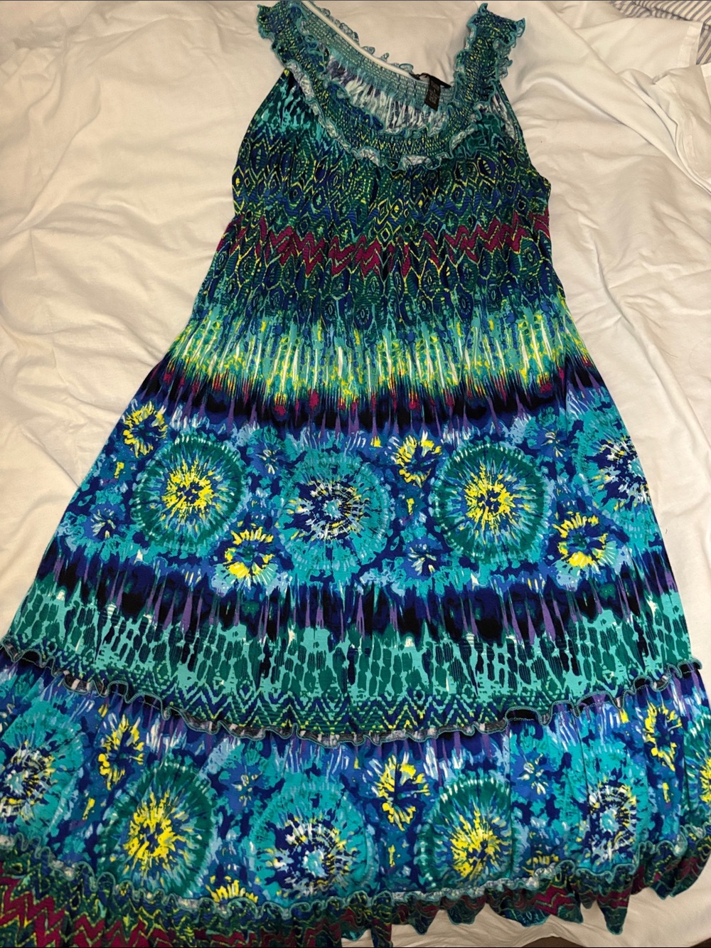 EXPENSE Women’s L Teal Printed Smocked Maxi Dress Tiered Boho
